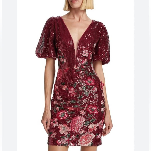 Marchesa Notte Burgundy Sequin Floral Embroidered Cocktail Mini Dress Size 4 NWT - Picture 3 of 16